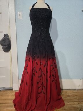 Elegant Black to Red Ombre Beaded Halter Evening Gown
